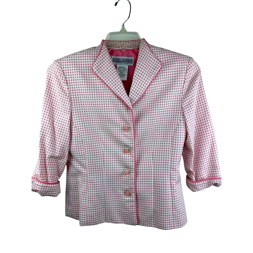 Vintage Jessica Howard Pink White Skirt Suit Set Blazer Pencil Skirt Size 6